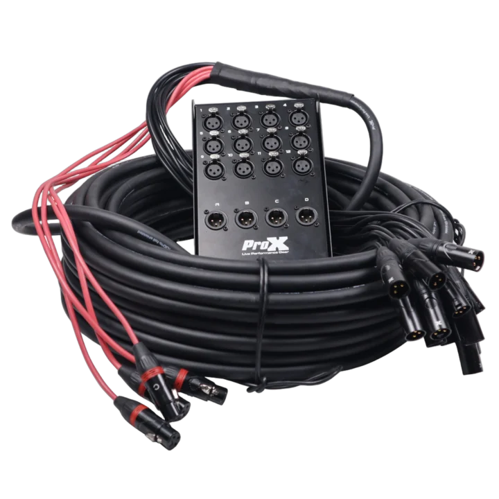 ProX 100 foot XLR stage box snake with 12 XLR female inputs and 4 XLR male returns