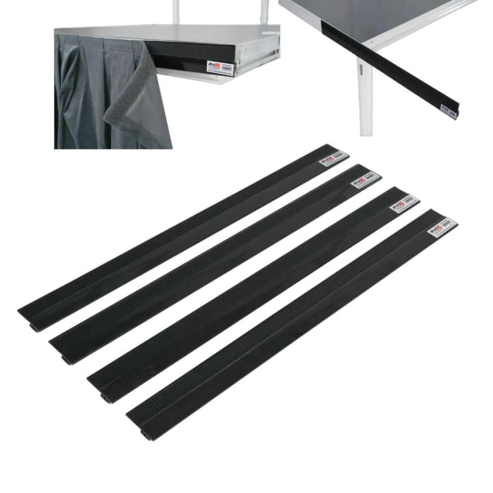 ProX stage skirt hook profile bar with integrated hook-and-loop strip, sliding mount design, front view