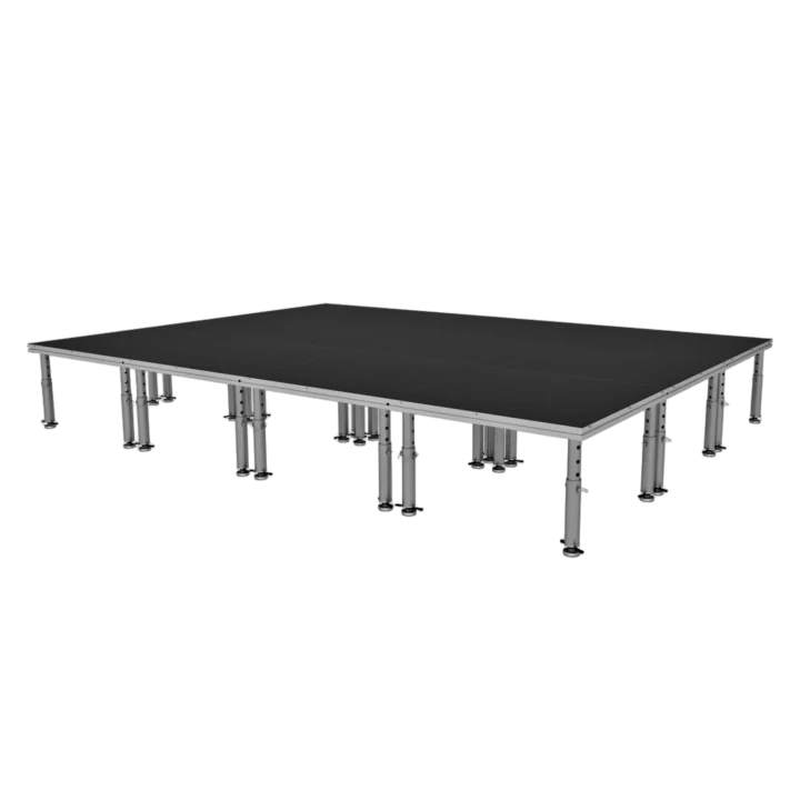 ProX StageOne modular stage platform with twelve decks and adjustable leg system front view