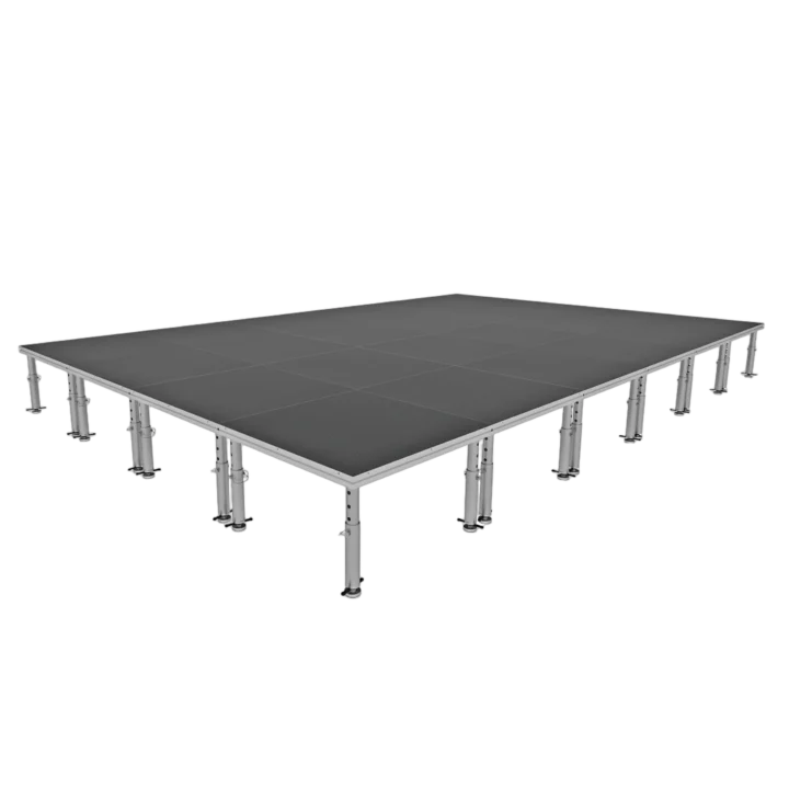 ProX StageOne modular stage deck system with adjustable legs and multiple platform sections assembled