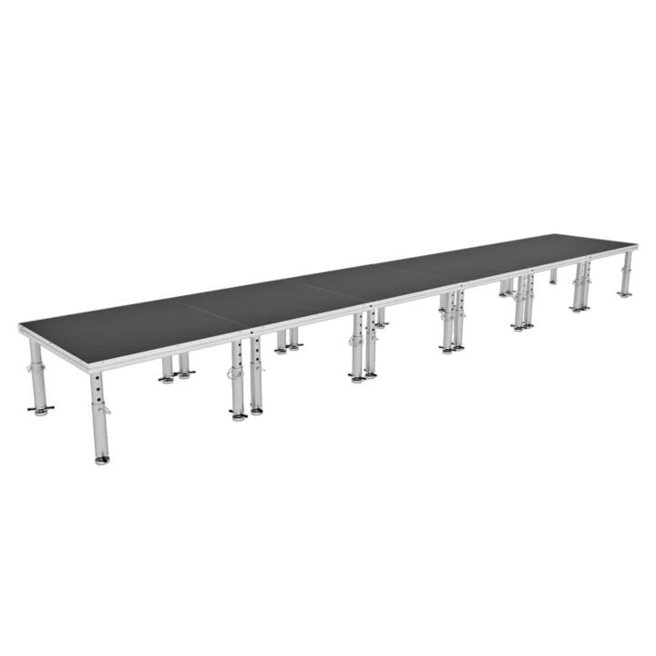 ProX StageOne 24 foot by 4 foot portable stage platform with six connected deck sections and adjustable legs