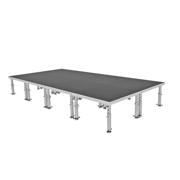 ProX StageOne modular stage deck system with eight platforms and adjustable leg supports