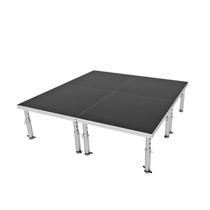ProX StageOne modular stage platform with four deck sections and adjustable leg supports