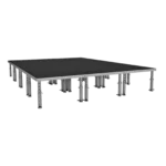 ProX StageOne modular stage decking system showing interlocking deck construction and adjustable leg mechanism