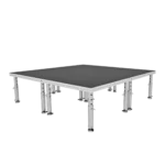 ProX StageOne modular stage deck with adjustable leg mechanism and coupling system detail view