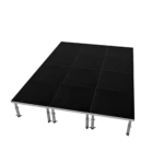 ProX StageOne modular stage decks with adjustable legs showing complete 12 by 16 foot platform configuration