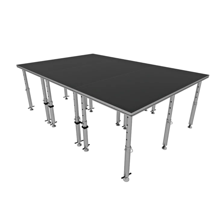 ProX StageQ 12x8 foot portable stage platform with three deck sections and adjustable height