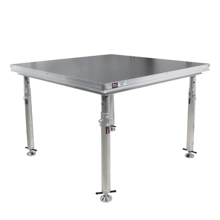 ProX StageQ 2 ft x 2 ft stage deck platform with four adjustable 28-48 inch legs, front angle view