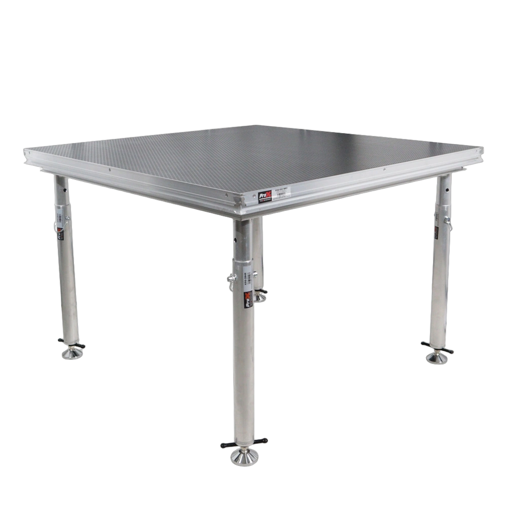 ProX StageQ 2x2 Stage Deck with Adjustable Legs Front View ProX StageQ 2 ft x 2 ft stage deck platform with four adjustable 28-48 inch legs, front angle view