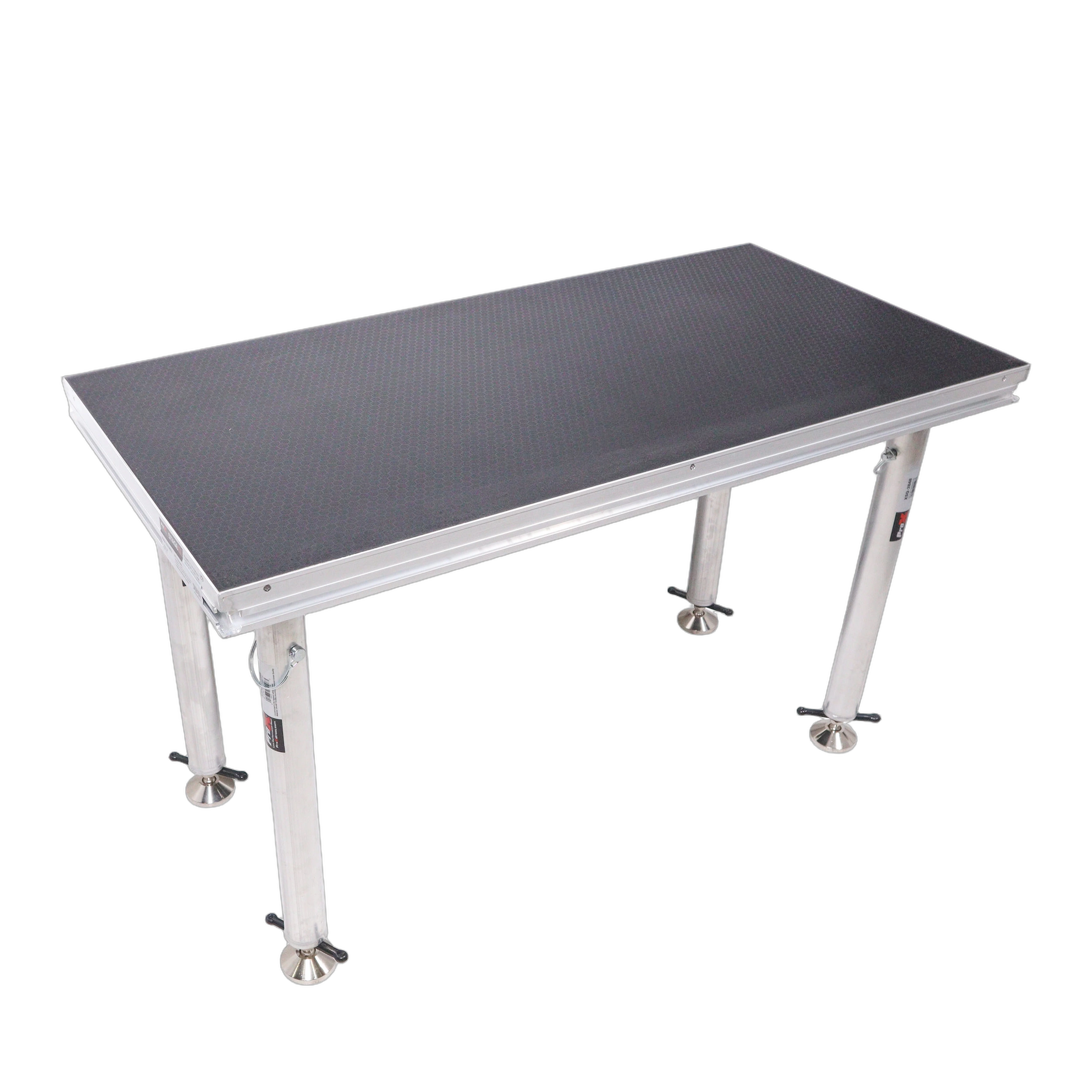 ProX StageQ 2x4 Stage Deck with Adjustable Legs ProX StageQ 2 ft x 4 ft portable stage deck with four adjustable 28-48 inch legs, front view