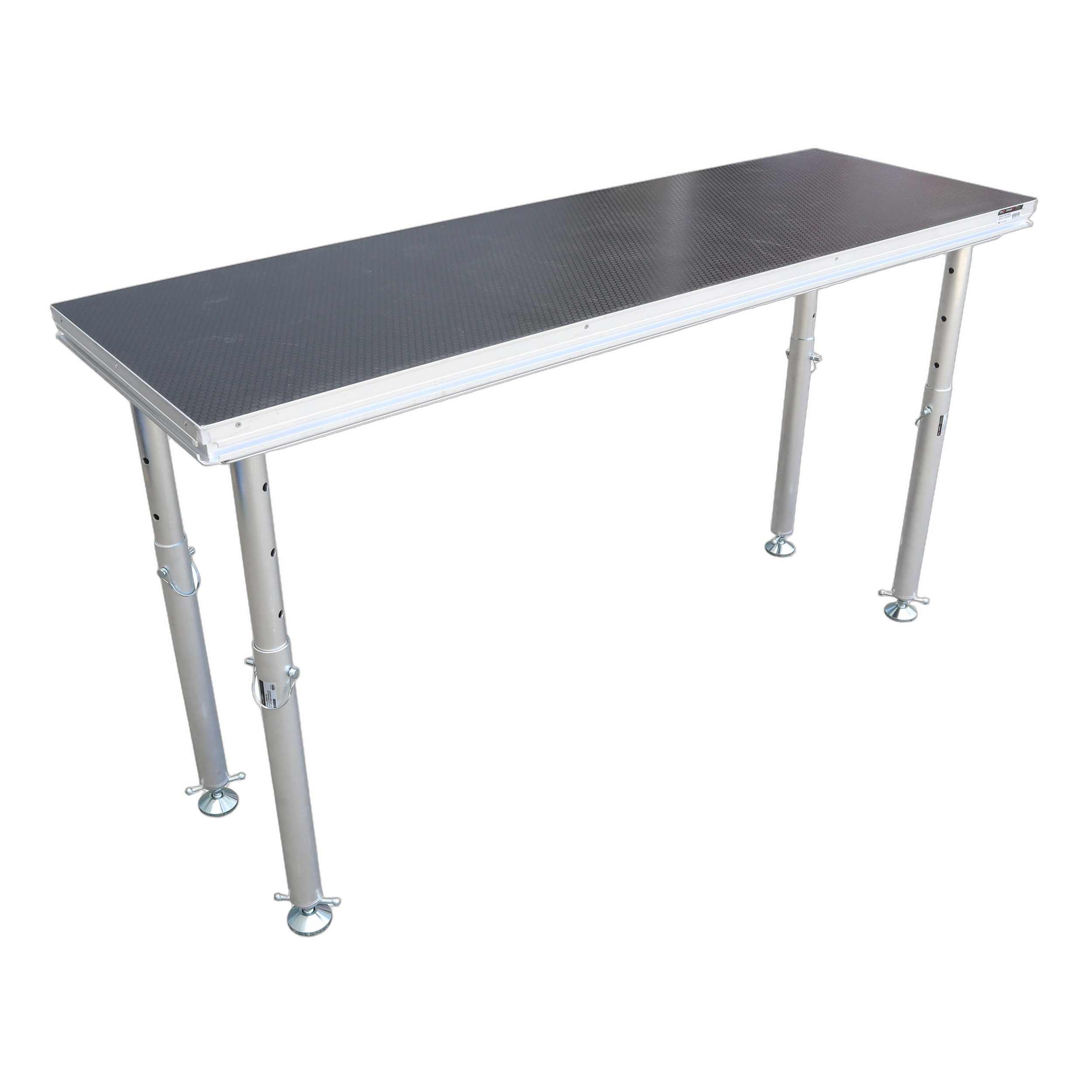 ProX StageQ 2x6 Stage Deck with Adjustable Legs ProX StageQ 2 ft x 6 ft stage deck platform with four adjustable 28-48 inch legs front view