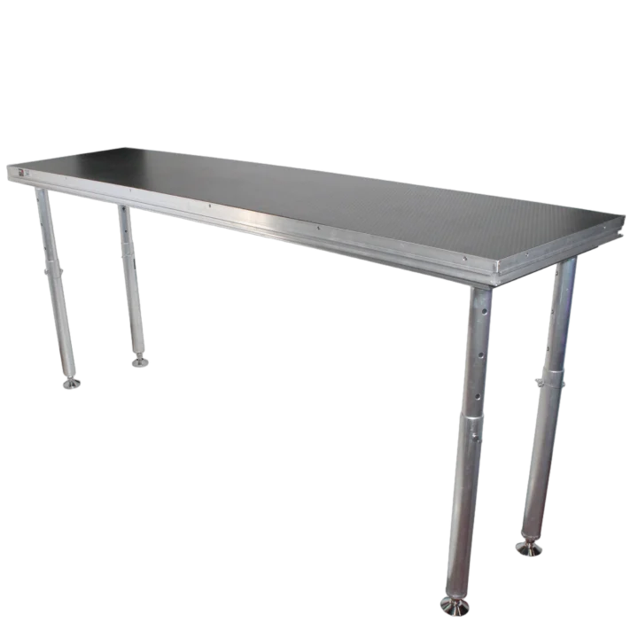 ProX StageQ 2 ft x 8 ft stage deck with adjustable 28-48 inch legs shown from side angle