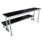 ProX StageQ stage deck adjustable leg mechanism close-up showing height adjustment range