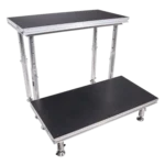 ProX StageQ stage deck adjustable leg mechanism close-up showing height adjustment range