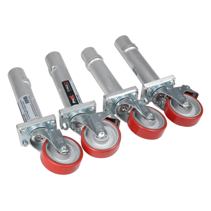 ProX StageQ locking stage legs with 16 inch height and 5 inch rubber steel casters, set of four