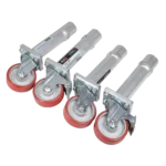 ProX StageQ 16-inch stage legs showing heavy-duty 5-inch rubber steel casters and locking mechanism