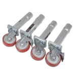 ProX StageQ 16-inch stage legs with 5-inch rubber steel casters and locking mechanism detail