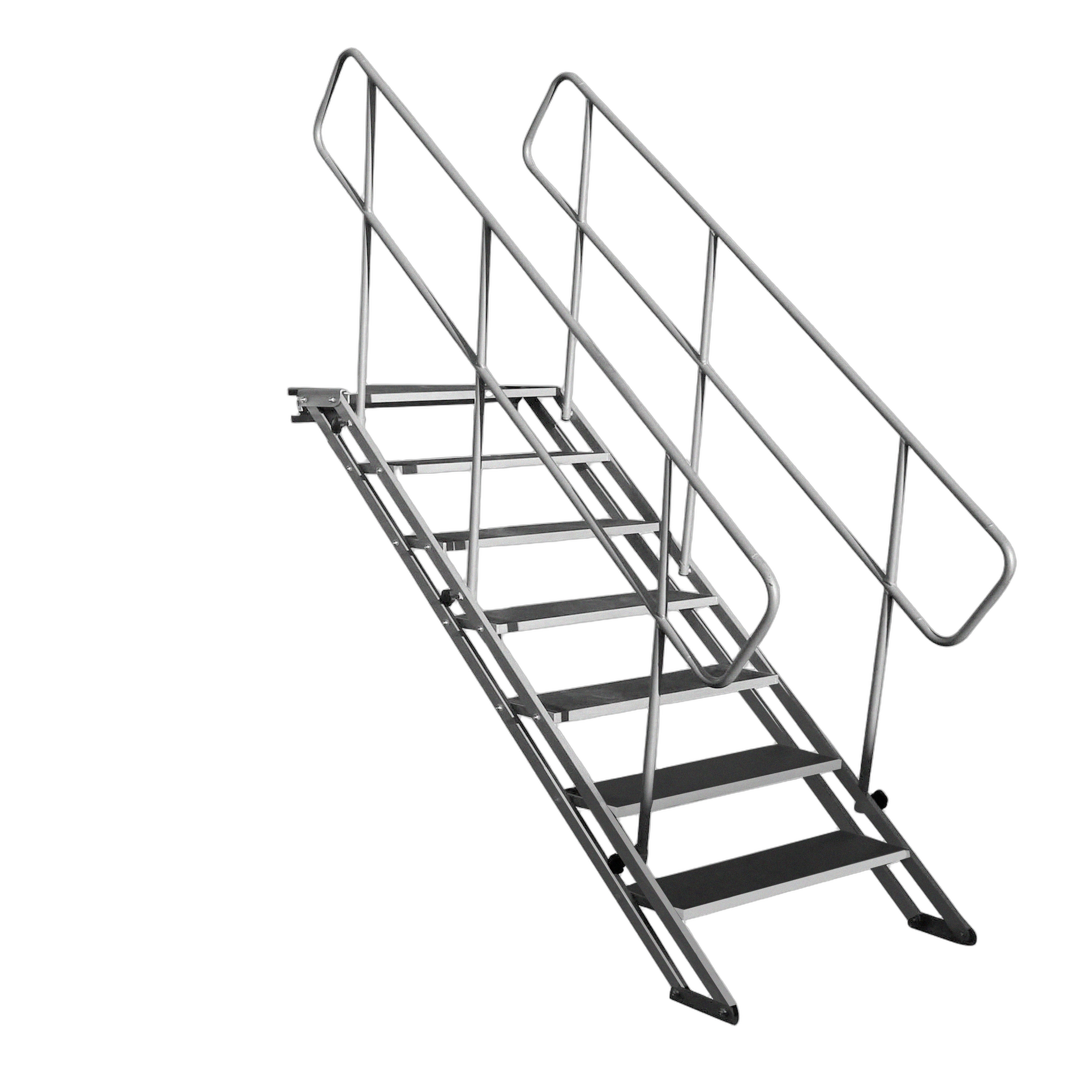 ProX StageQ Heavy Duty 7-Step Staircase Unit Front View ProX StageQ heavy duty foldable 48-inch 7-step staircase unit with black finish and safety rails