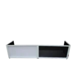 ProX white frame foldable tabletop DJ facade with black and white scrims, side profile view