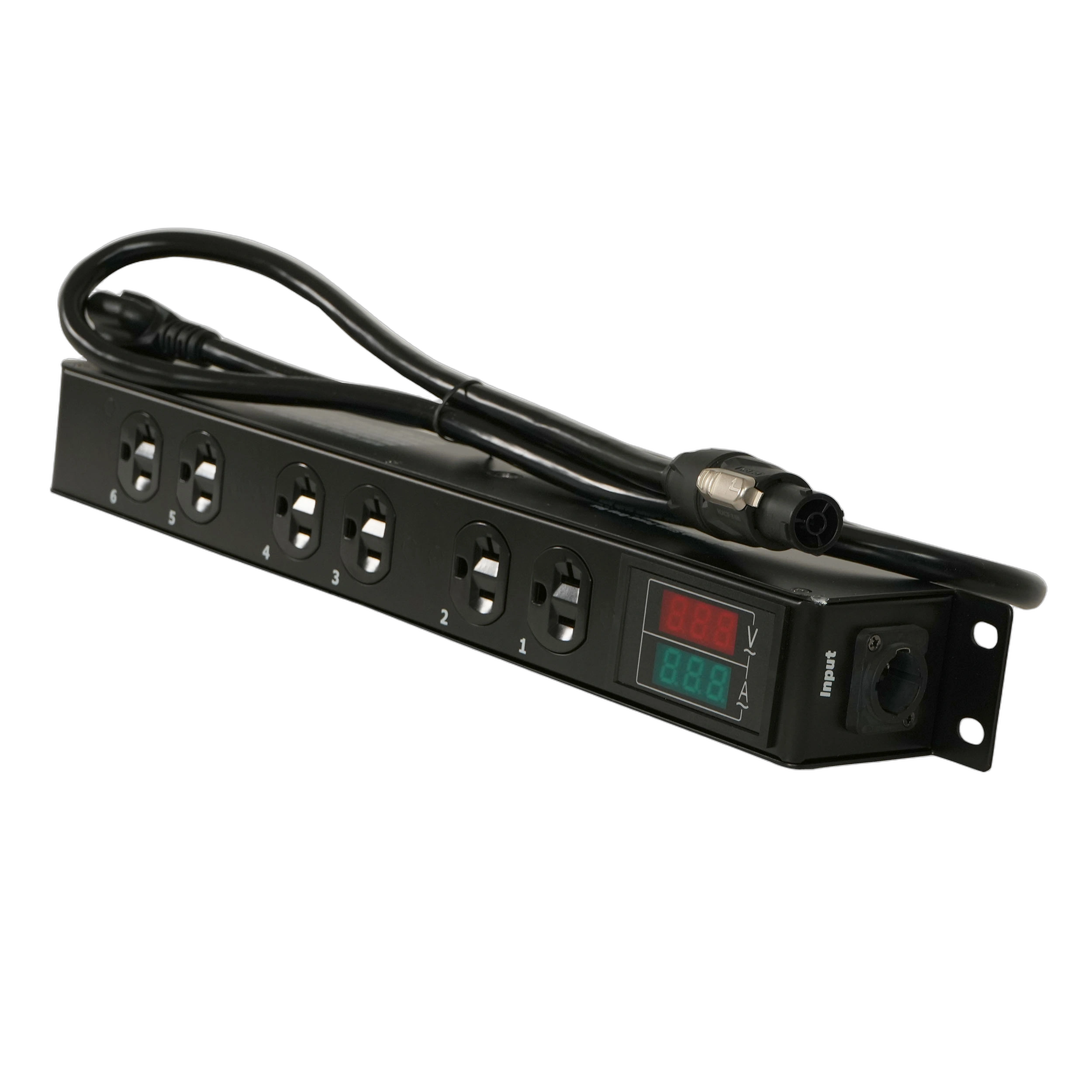 ProX TARA 6-Outlet Power Distribution Box Front View ProX TARA 6-outlet Edison power distribution box with True1 connectors and LED display panel