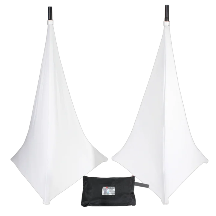 ProX white three-sided speaker stand cover scrim with protective fabric panels front view