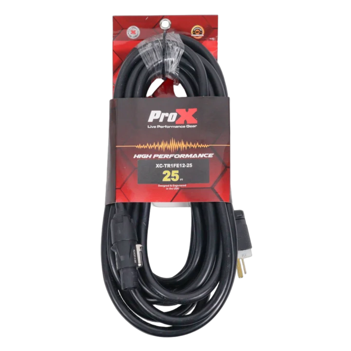ProX 25 foot True1 to Edison power cord with 12AWG gauge connectors displayed