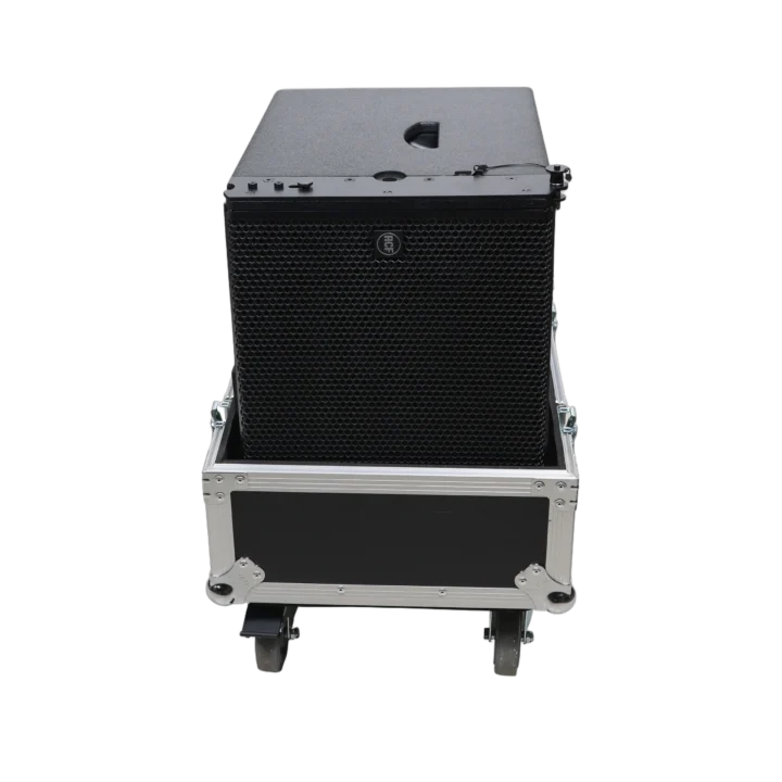 ProX universal ATA flight case for RCF SUB702AS subwoofer speaker, side profile view showing depth and construction