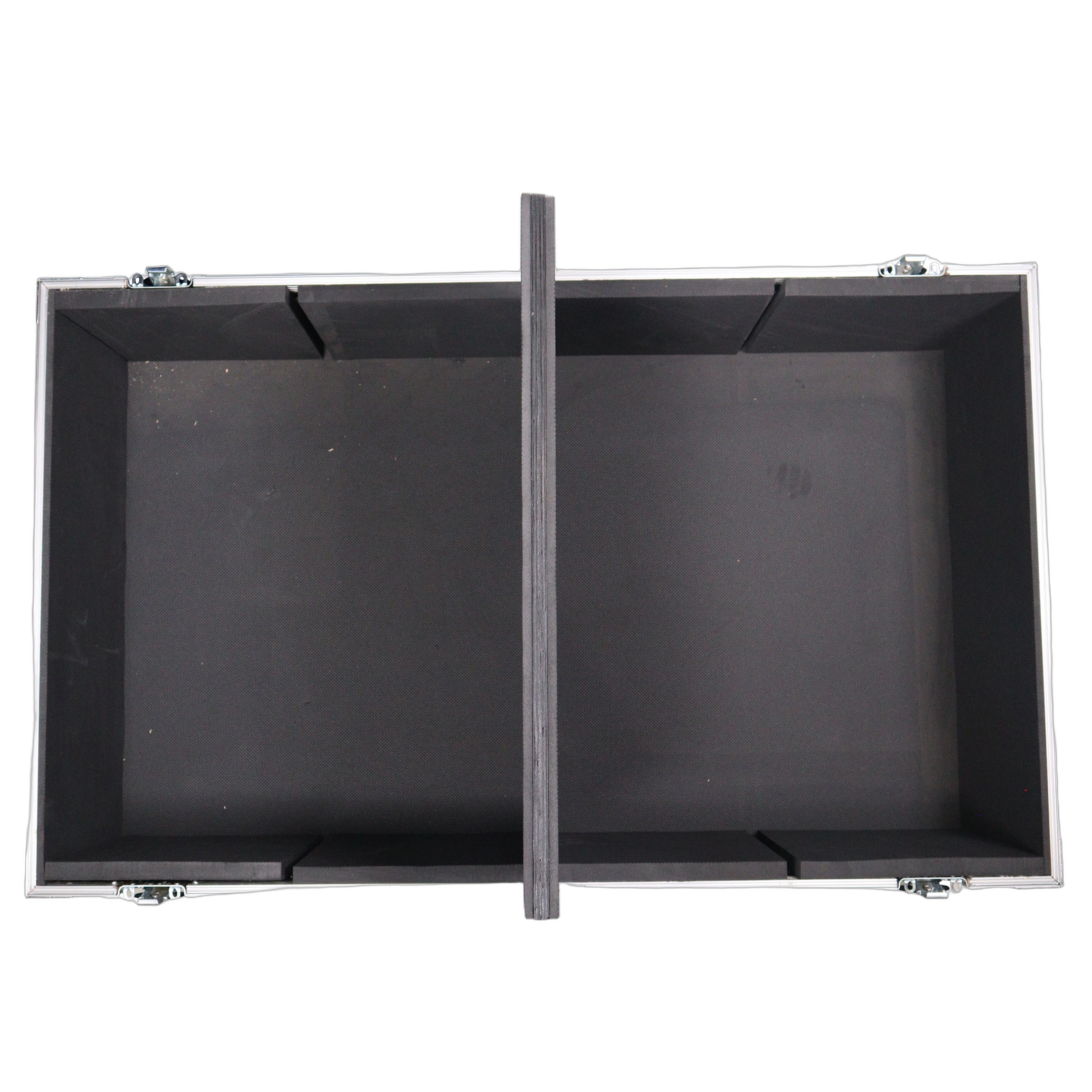 ProX Universal ATA Dual Speaker Flight Case Detail ProX universal ATA flight case with dual speaker capacity, showing protective foam interior and latch hardware detail