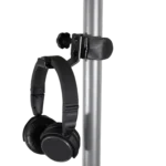 ProX universal clamping headphone hanger mounted on speaker pole, side profile view showing clamp mechanism