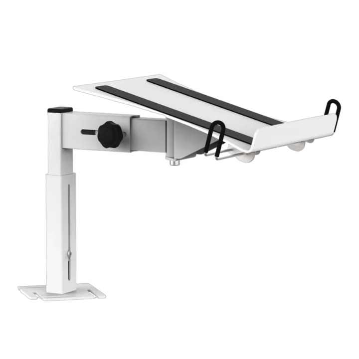 ProX WHITE universal side laptop shelf mounting stand for B3 DJ table workstation, front angle view