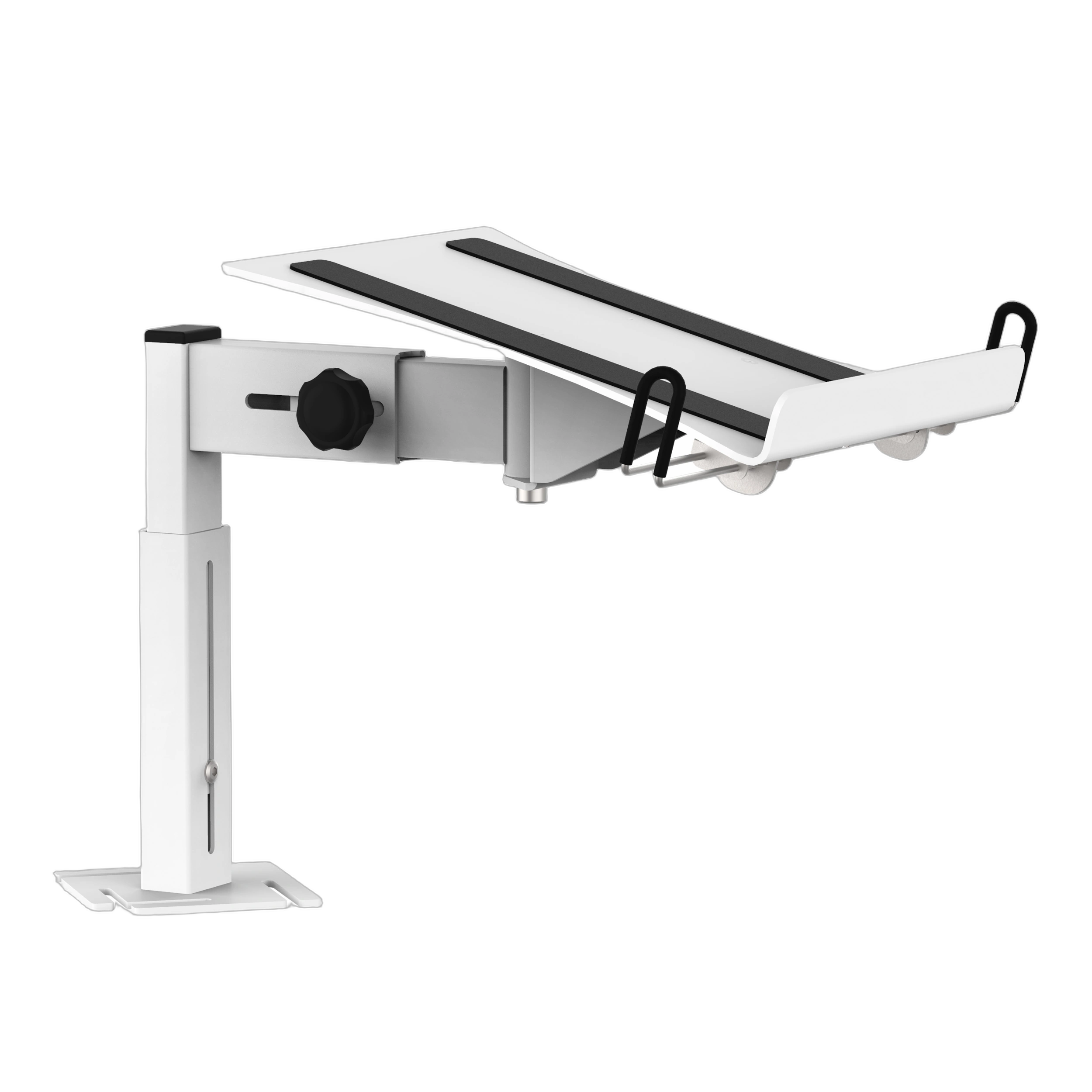 ProX WHITE Universal Laptop Shelf Mounting Stand Front View ProX WHITE universal side laptop shelf mounting stand for B3 DJ table workstation, front angle view