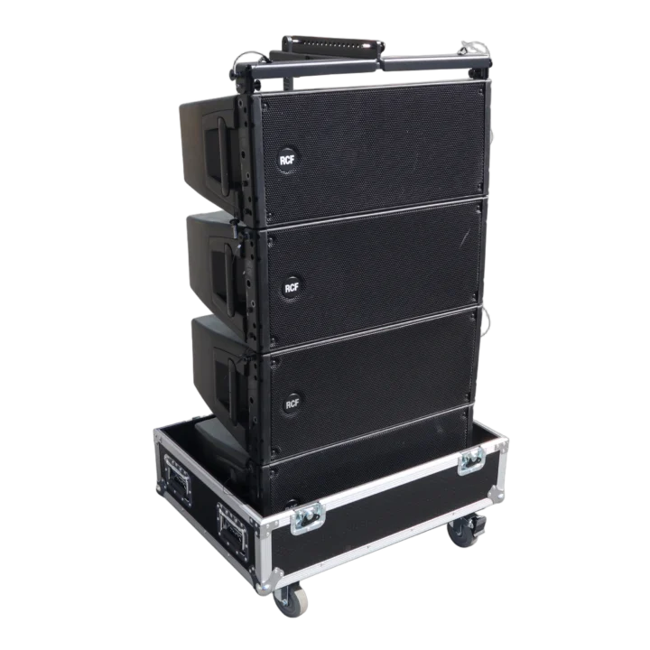 ProX universal line array speaker flight case showing protective foam interior compartments and hardware details