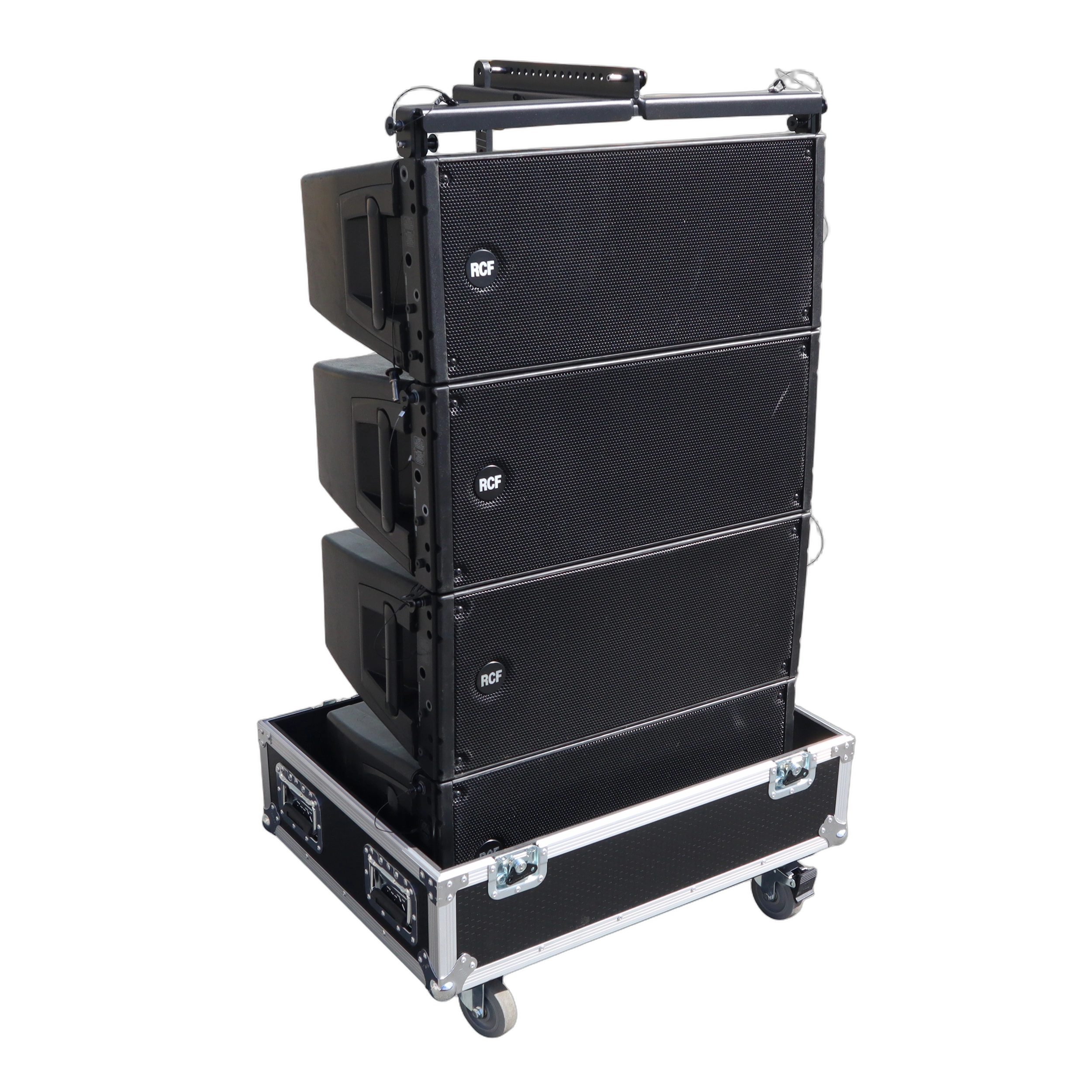 ProX Universal Line Array Speaker Flight Case Detail ProX universal line array speaker flight case showing protective foam interior compartments and hardware details