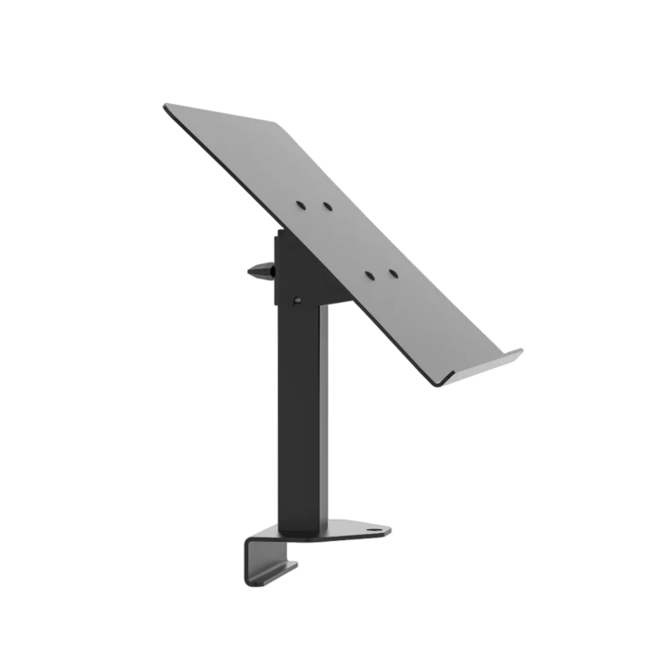 ProX black universal tablet mounting stand attached to B3 DJ table workstation front view