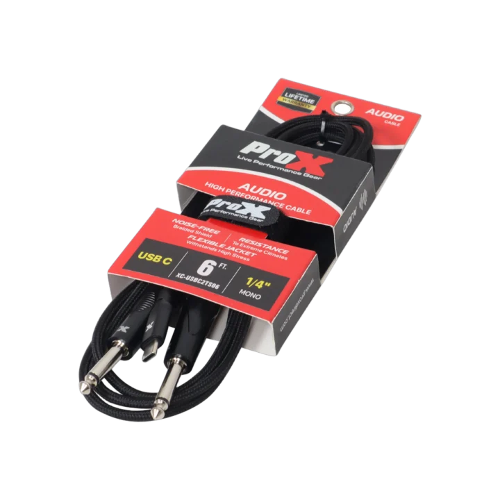 ProX 6 ft USB-C to dual 1/4 inch TS audio cable with connectors visible
