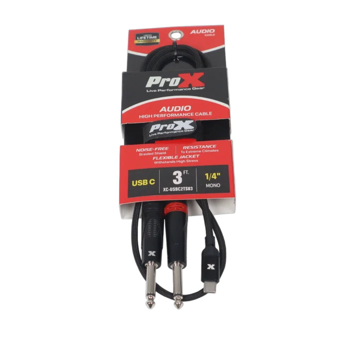 ProX 3 ft USB-C to dual 1/4 inch TS audio cable with connectors displayed