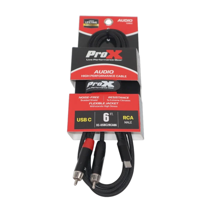 ProX 6 foot USB-C to dual RCA audio cable connector ends displayed