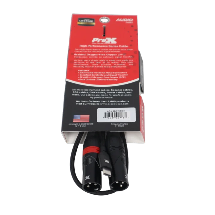 ProX USB-C to dual XLR-M audio cable showing connector detail and cable construction