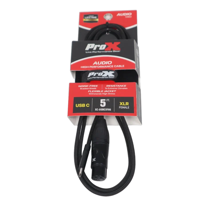 ProX 5 foot USB-C to XLR-F audio cable with connectors displayed