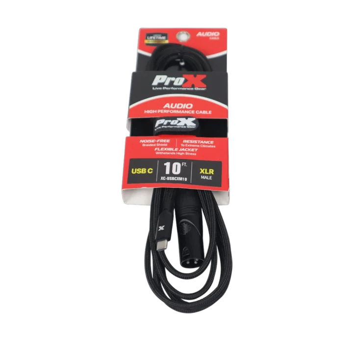 ProX 10 ft USB-C to XLR-M audio cable with connectors displayed