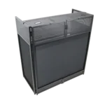 ProX VISTA DJ booth facade table station with white and black scrim kit installed in professional DJ setup