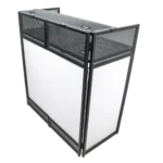 ProX VISTA DJ booth facade table station with white and black scrim kit displayed in professional event setup