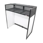 ProX VISTA DJ booth facade table station with white and black scrim kit, side profile view showing black hardware