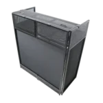 ProX VISTA DJ booth facade table station with white and black scrim kit and black hardware front view