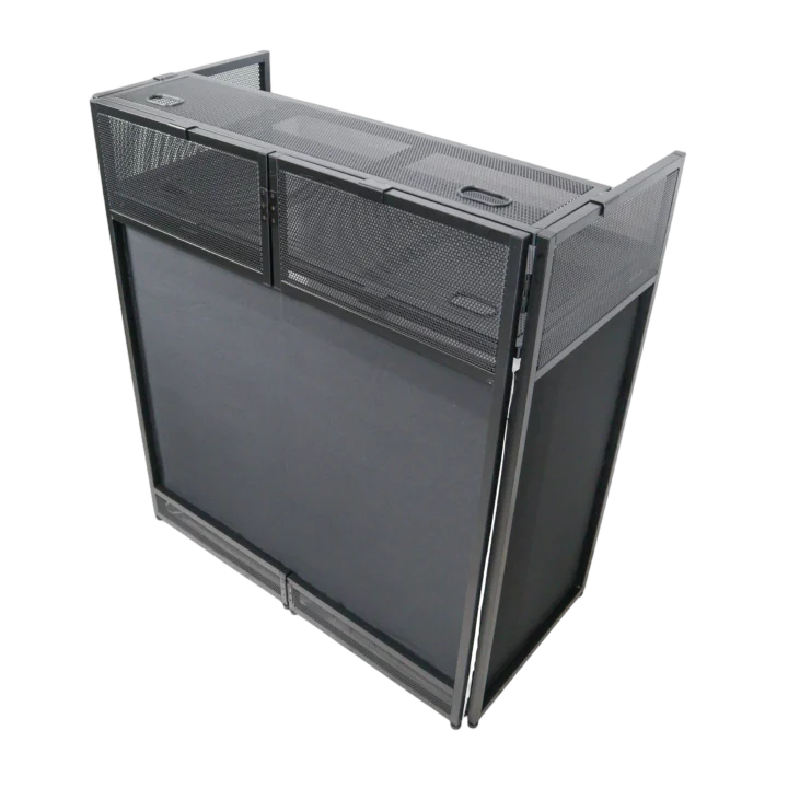 ProX VISTA DJ booth facade table station with white and black scrim kit and black hardware front view