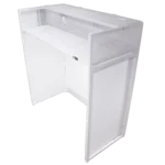 ProX Vista DJ booth table work station showing white frame construction and scrim panel detail