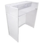 ProX Vista DJ booth table work station featuring white frame with black and white scrims setup