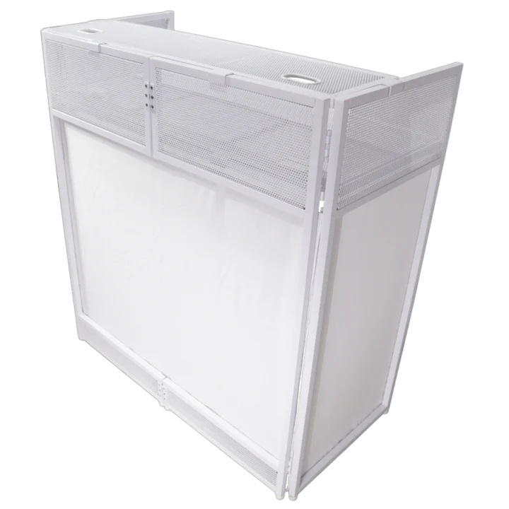 ProX Vista DJ booth table work station with white frame and black scrims front view