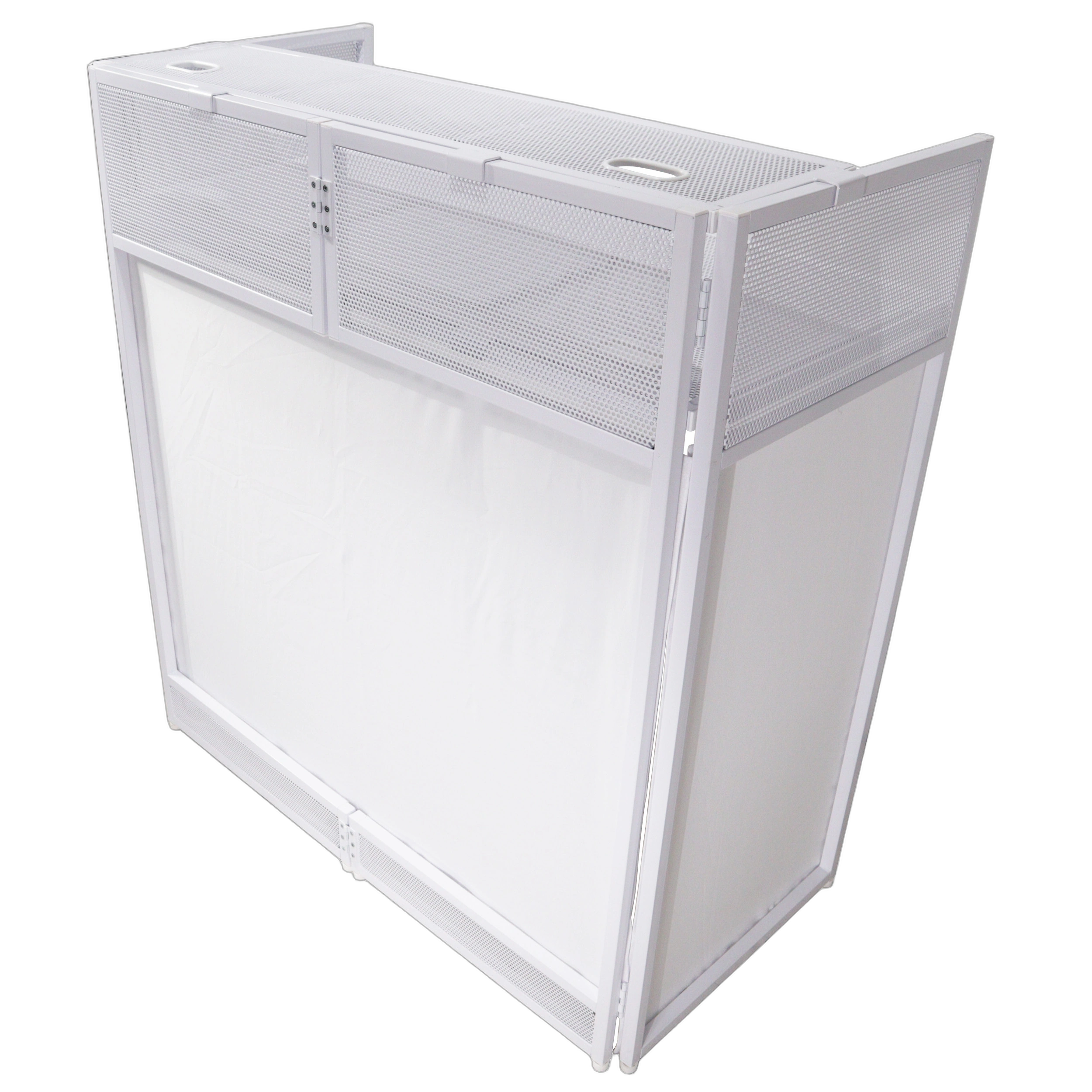ProX Vista DJ Booth Table Work Station White Frame ProX Vista DJ booth table work station with white frame and black scrims front view