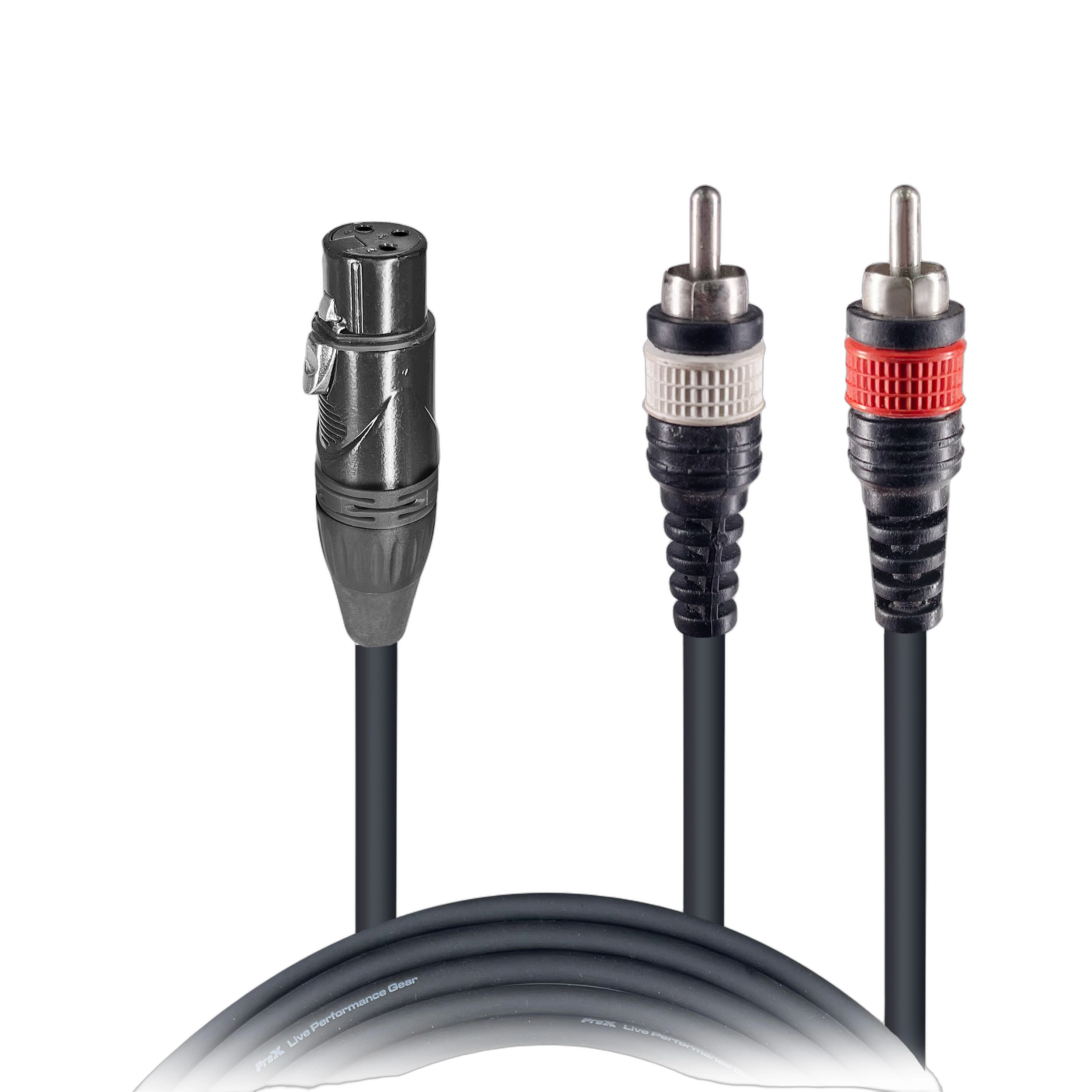 ProX XLR Female to Dual RCA Y-Cable 3ft ProX 3 foot XLR female to dual RCA Y-cable connector adapter front view